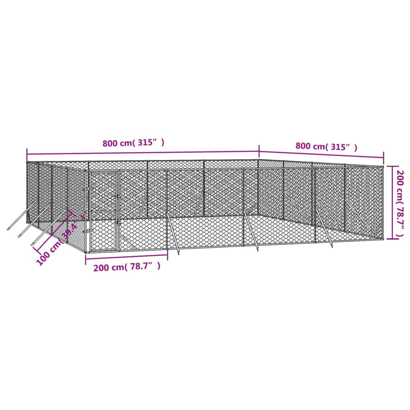 vidaXL ezüstszínű kültéri horganyzott acél kutyakennel 8x8x2 m