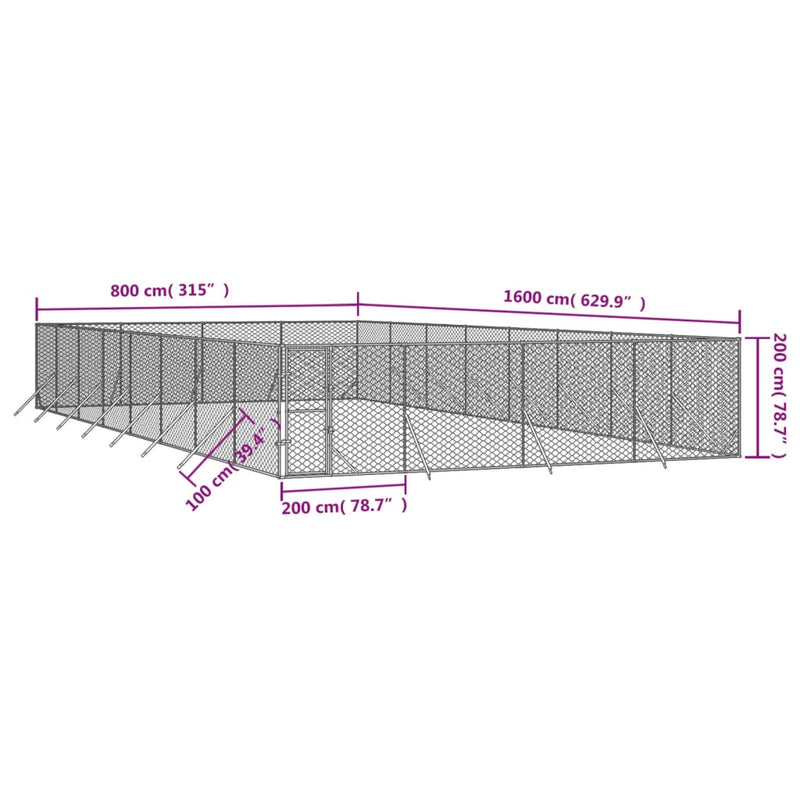 vidaXL ezüstszínű kültéri horganyzott acél kutyakennel 8 x 16 x 2 m