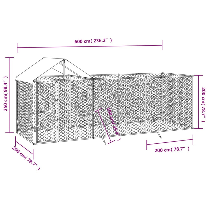 vidaXL ezüstszínű horganyzott acél kutyakennel tetővel 6x2x2,5 m