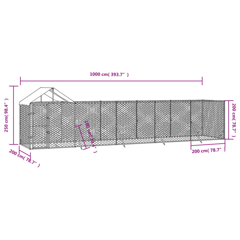vidaXL ezüstszínű horganyzott acél kutyakennel tetővel 10x2x2,5 m