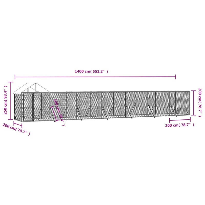 vidaXL ezüstszínű horganyzott acél kutyakennel tetővel 14x2x2,5 m