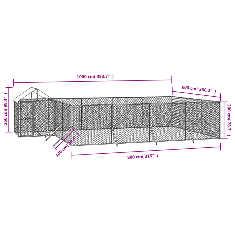 vidaXL ezüstszínű horganyzott acél kutyakennel tetővel 10x6x2,5 m