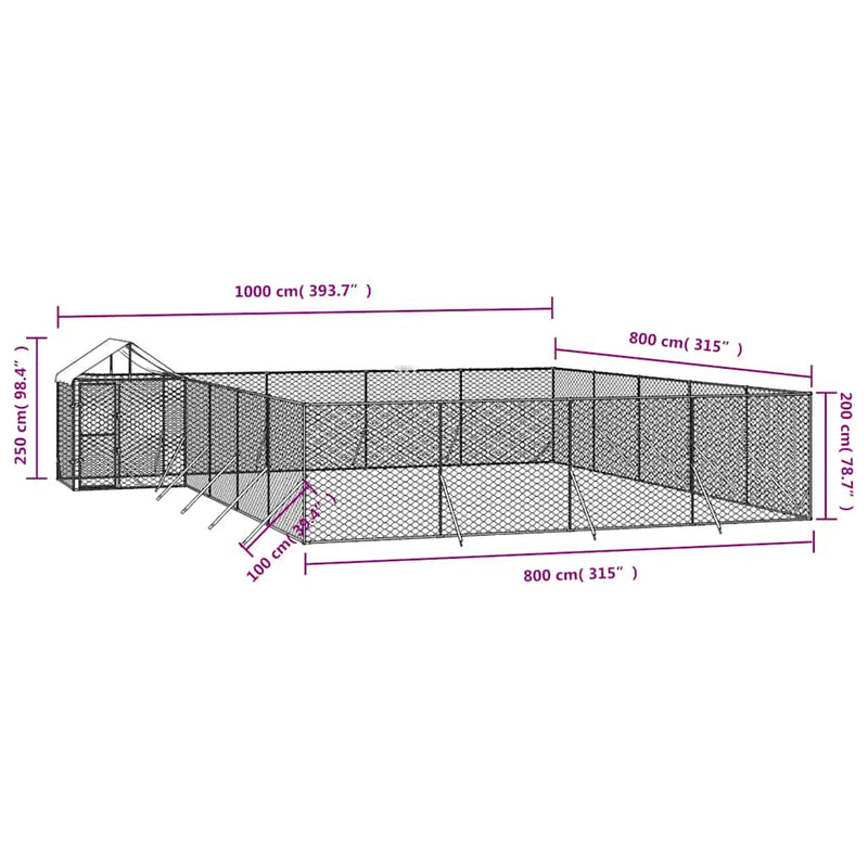 vidaXL ezüstszínű horganyzott acél kutyakennel tetővel 10x8x2,5 m