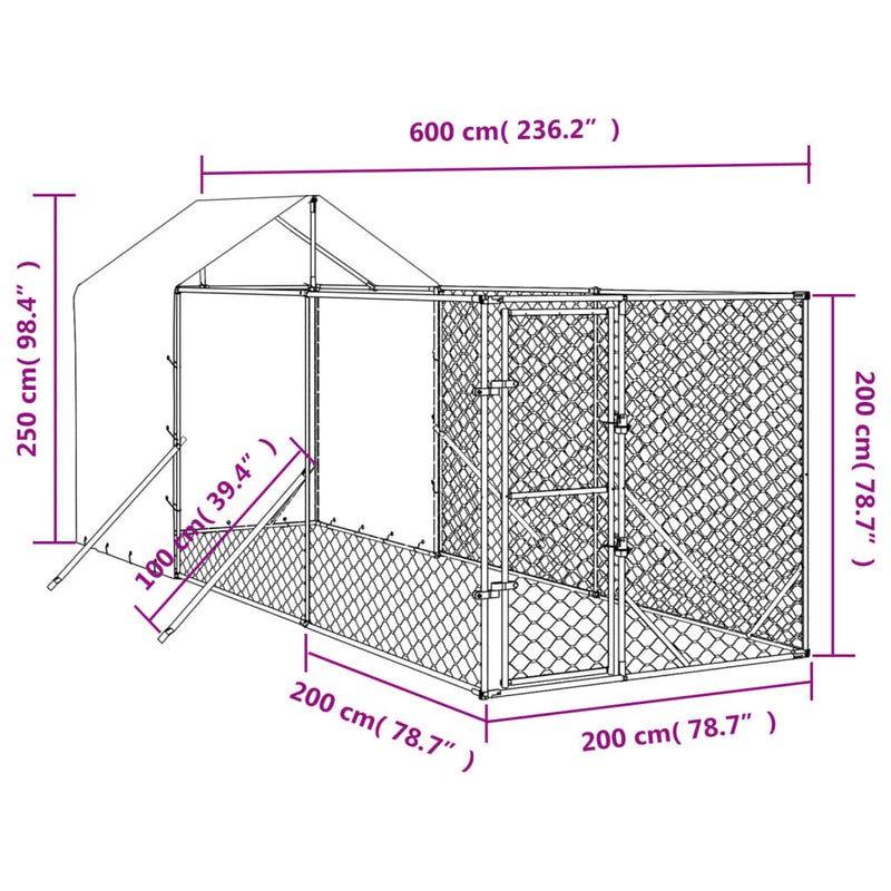 vidaXL ezüstszínű horganyzott acél kutyakennel tetővel 2x6x2,5 m