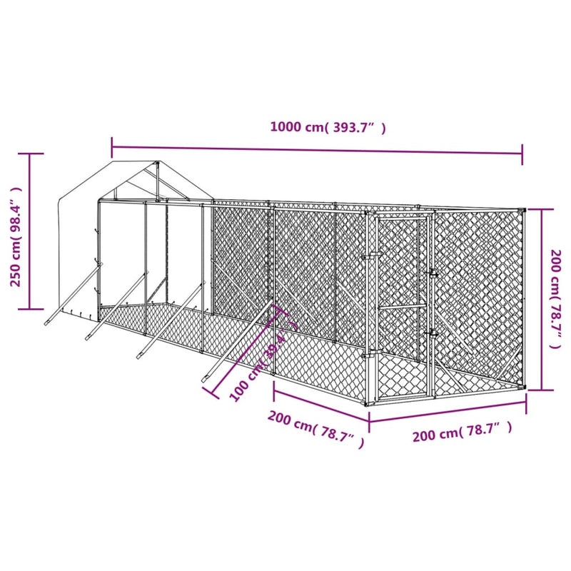 vidaXL ezüstszínű horganyzott acél kutyakennel tetővel 2x10x2,5 m