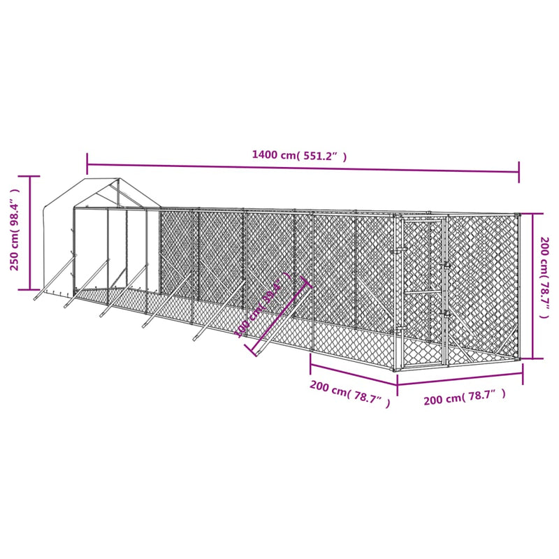 vidaXL ezüstszínű horganyzott acél kutyakennel tetővel 2x14x2,5 m