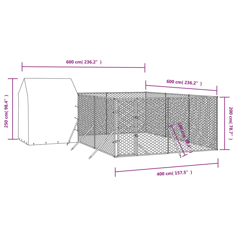 vidaXL ezüstszínű horganyzott acél kutyakennel tetővel 6x6x2,5 m