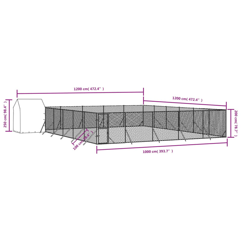 vidaXL ezüstszínű horganyzott acél kutyakennel tetővel 12x12x2,5 m