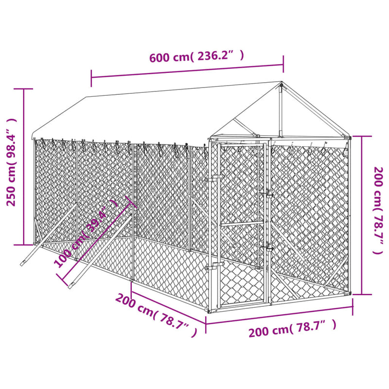 vidaXL ezüstszínű horganyzott acél kutyakennel tetővel 2x6x2,5 m