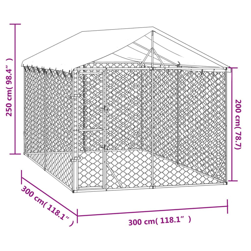 vidaXL ezüstszínű horganyzott acél kutyakennel tetővel 3x3x2,5 m