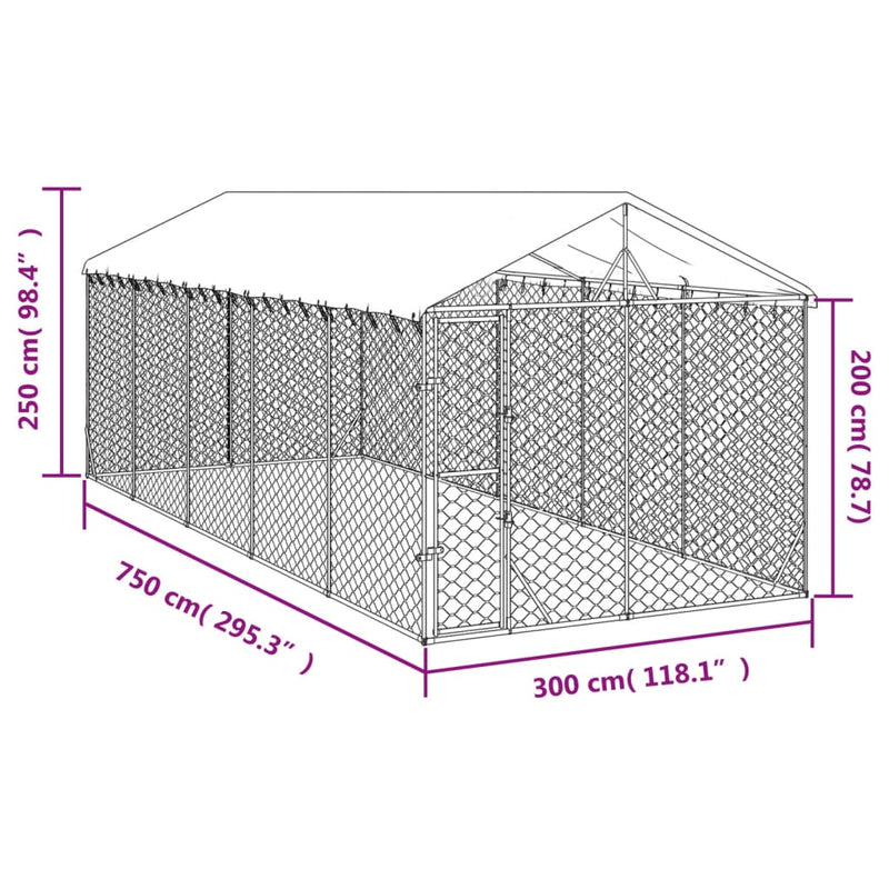 vidaXL ezüstszínű horganyzott acél kutyakennel tetővel 3x7,5x2,5 m