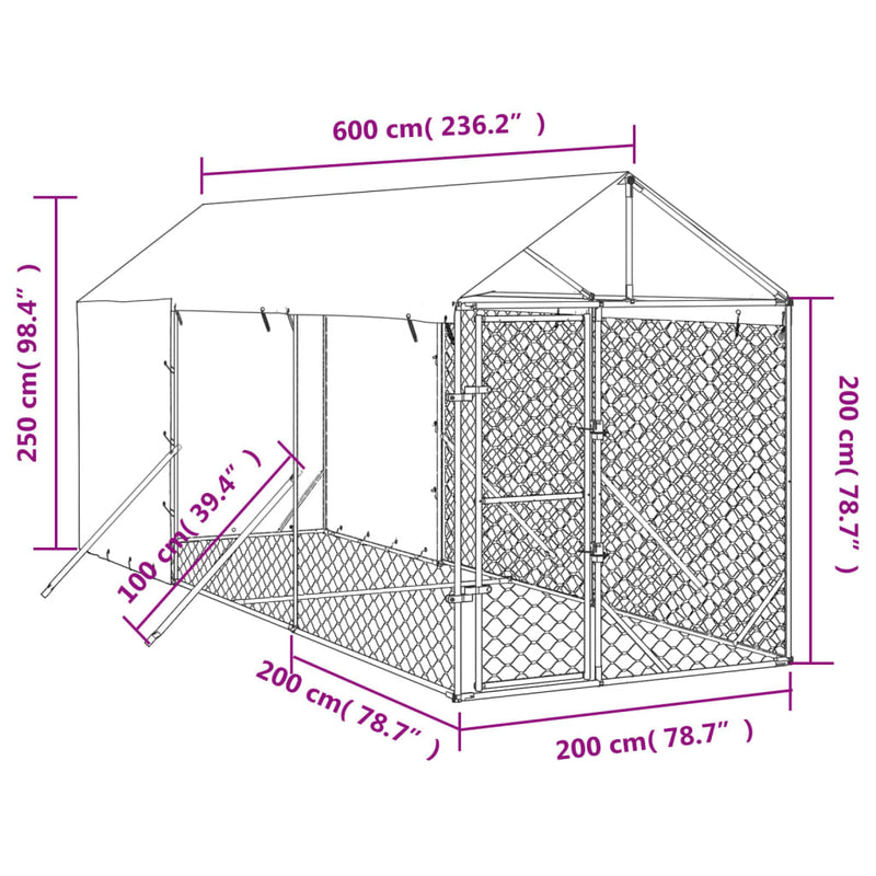 vidaXL ezüstszínű horganyzott acél kutyakennel tetővel 2x6x2,5 m