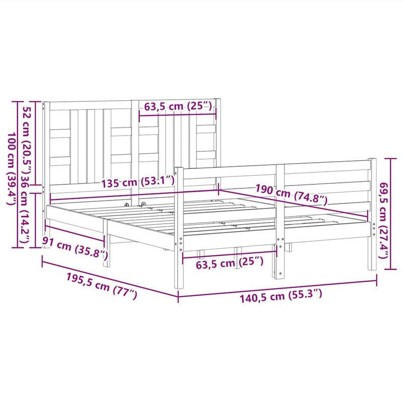 vidaXL tömör fa ágykeret fejtámlával Double