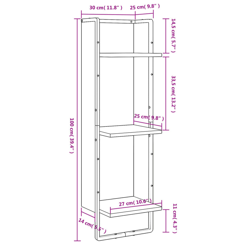 vidaXL 3 szintes füstös tölgy színű szerelt fa fali polc 30x25x100 cm