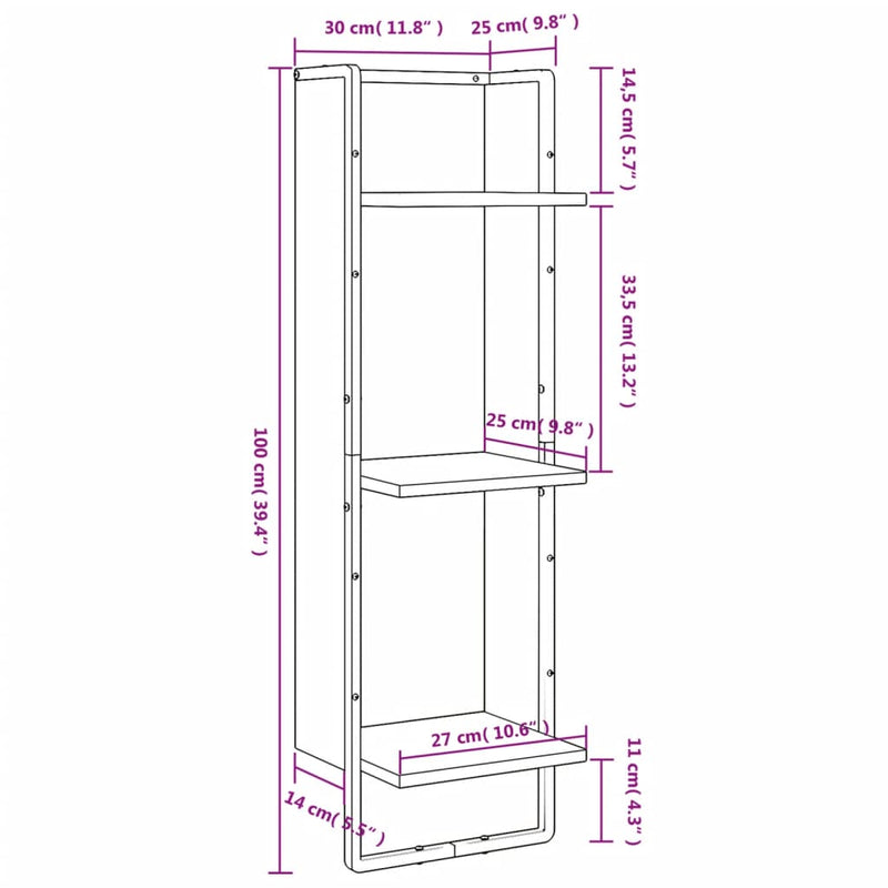 vidaXL 3 szintes szürke sonoma színű szerelt fa fali polc 30x25x100 cm
