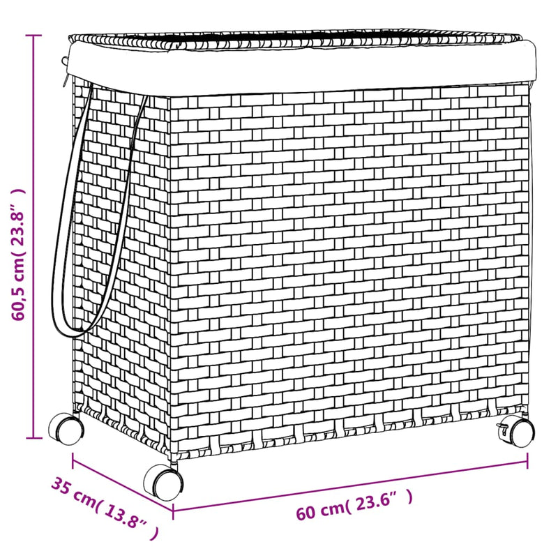 vidaXL fekete rattan szennyeskosár kerekekkel 60x35x60,5 cm