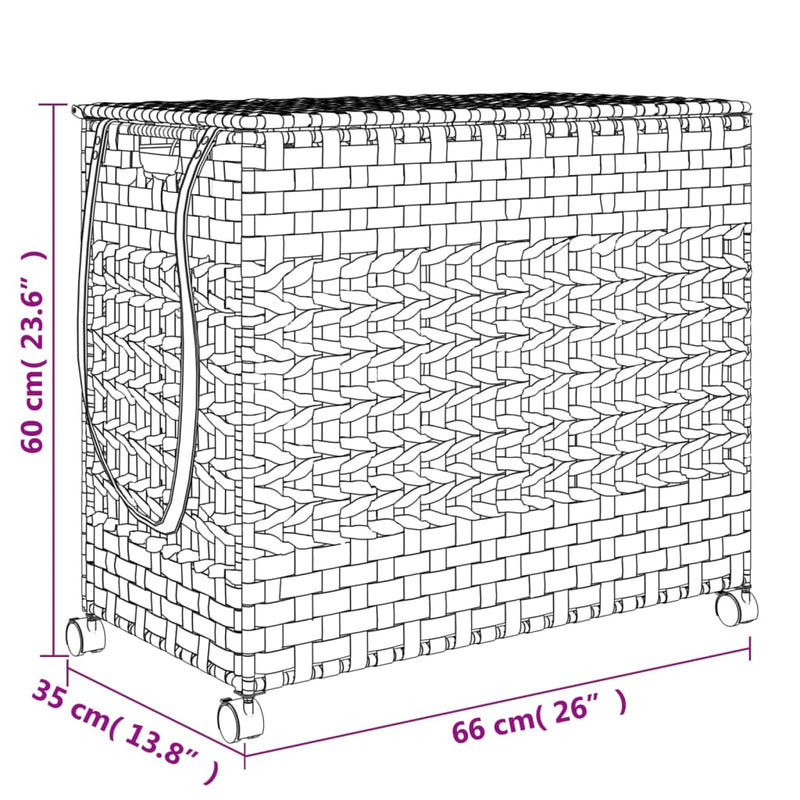 vidaXL sötétbarna rattan szennyeskosár kerekekkel 66x35x60 cm