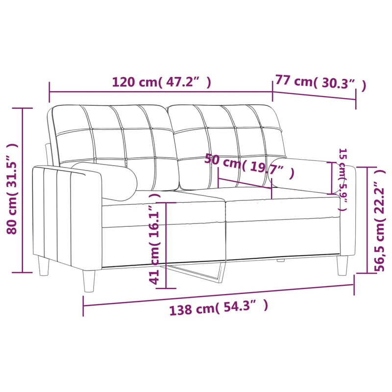 vidaXL 2 személyes világosszürke szövet kanapé díszpárnákkal 120 cm