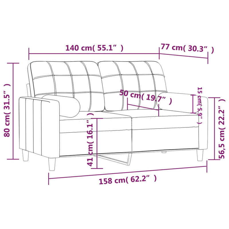 vidaXL 2 személyes világosszürke szövet kanapé díszpárnákkal 140 cm