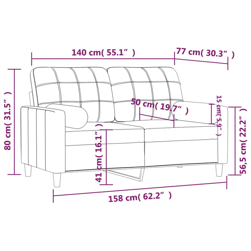 vidaXL 2 személyes világossárga szövet kanapé díszpárnákkal 140 cm
