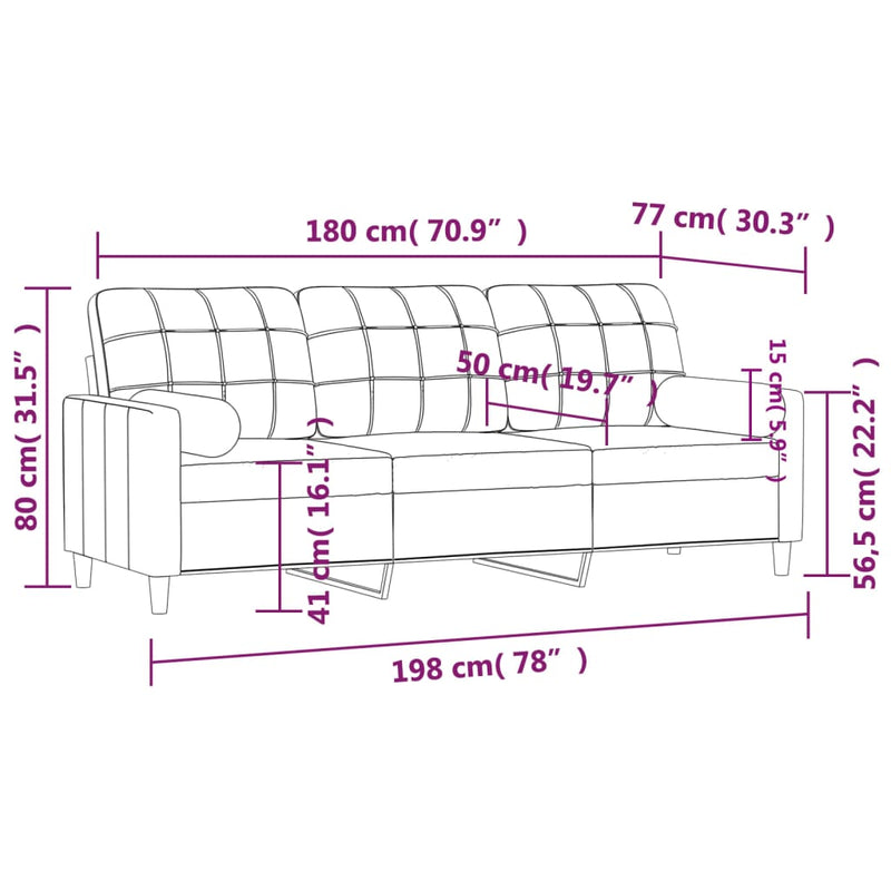 vidaXL 3 személyes világosszürke szövet kanapé díszpárnákkal 180 cm