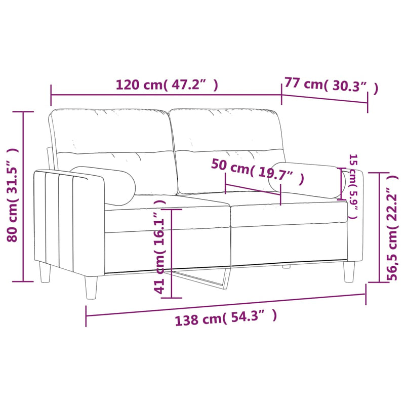 vidaXL 2 személyes világosszürke szövet kanapé díszpárnákkal 120 cm