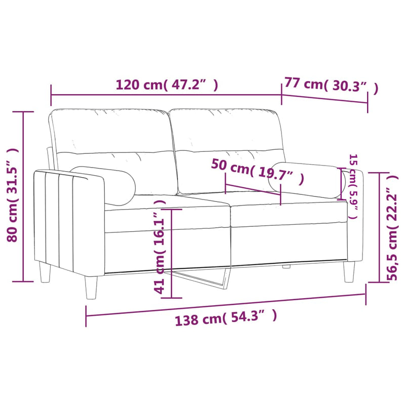 vidaXL 2 személyes krémszínű szövet kanapé díszpárnákkal 120 cm