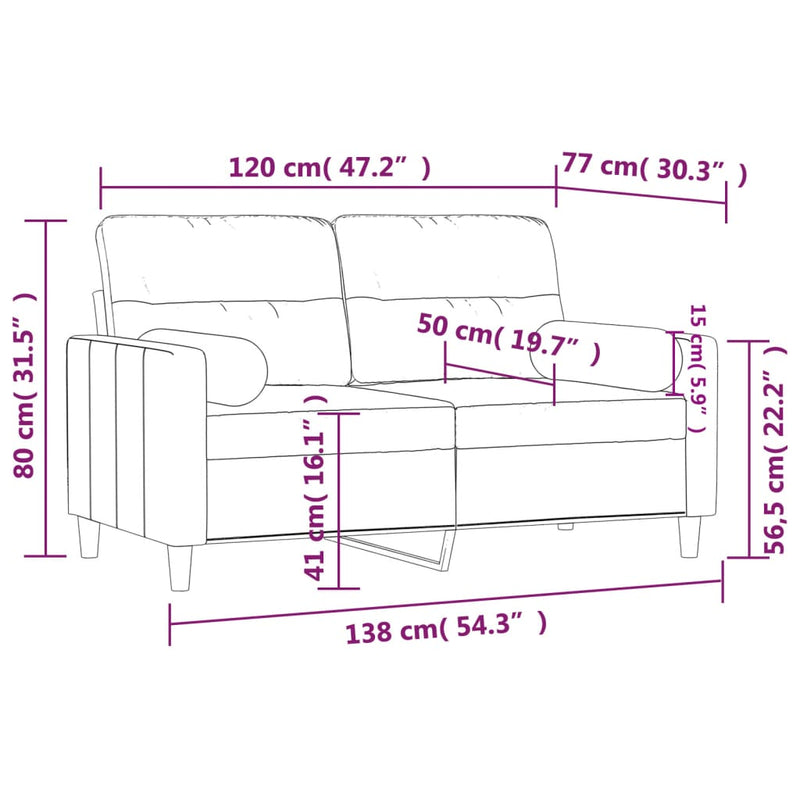 vidaXL 2 személyes világossárga szövet kanapé díszpárnákkal 120 cm