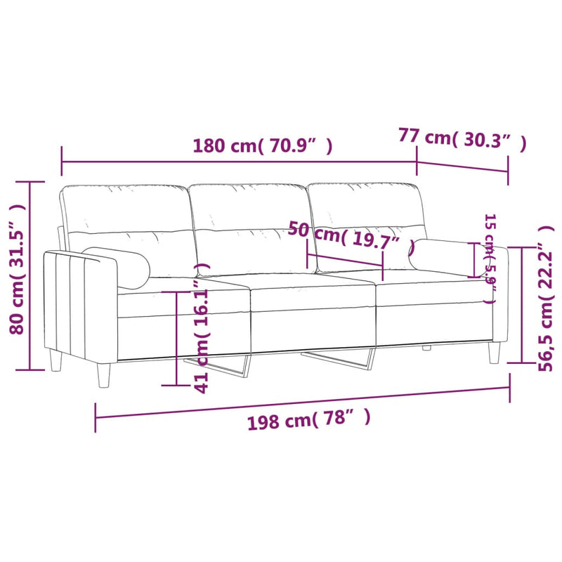 vidaXL 3 személyes fekete szövet kanapé díszpárnákkal 180 cm