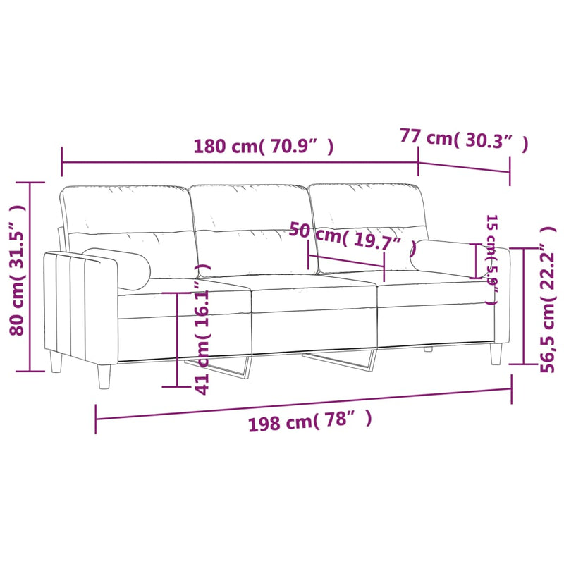 vidaXL 3 személyes világossárga szövet kanapé díszpárnákkal 180 cm