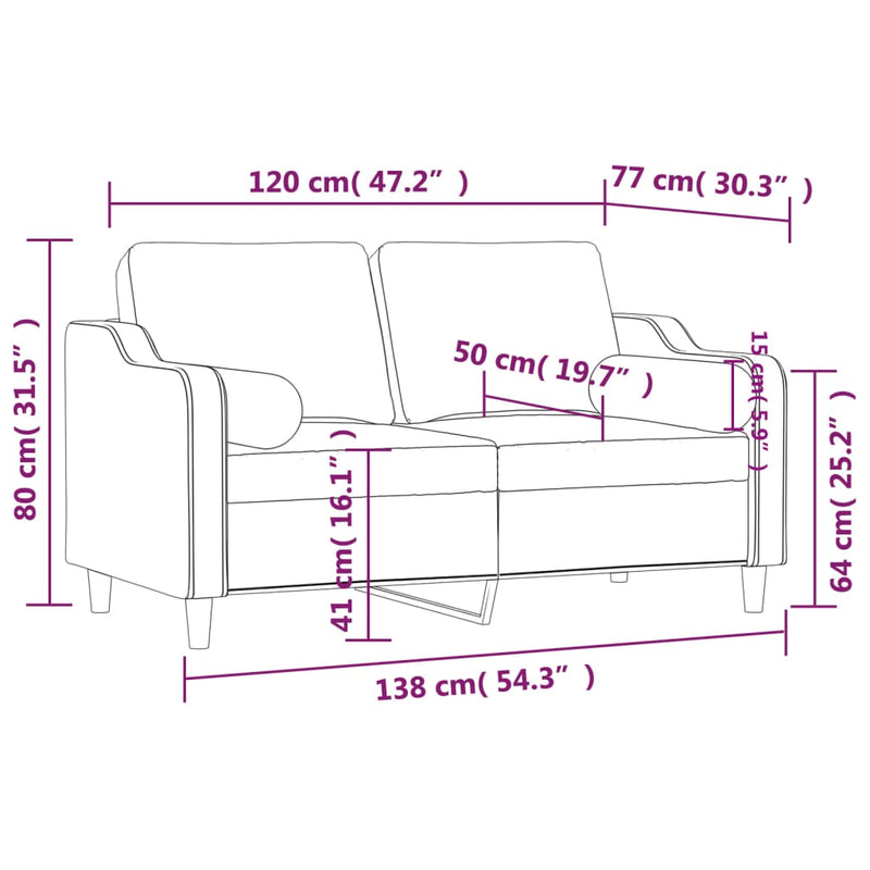 vidaXL 2 személyes világosszürke szövet kanapé díszpárnákkal 120 cm