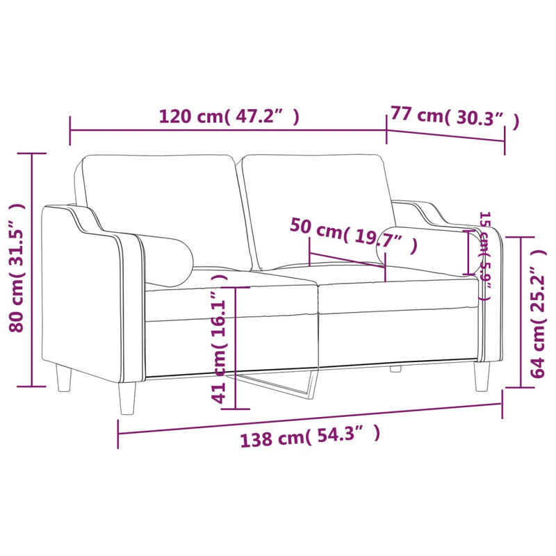 vidaXL 2 személyes világossárga szövet kanapé díszpárnákkal 120 cm