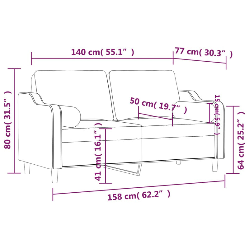 vidaXL 2 személyes világosszürke szövet kanapé díszpárnákkal 140 cm