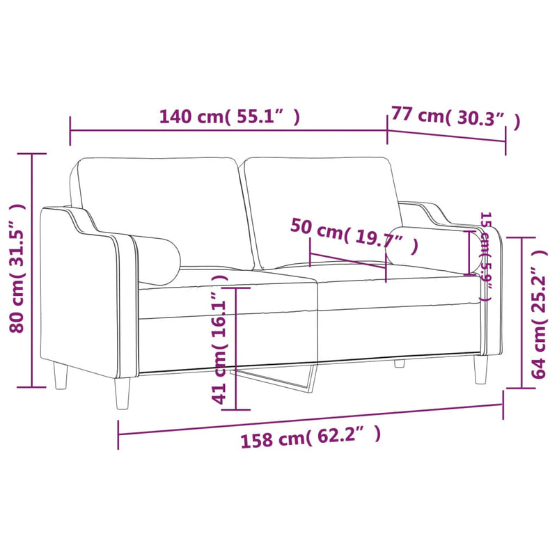 vidaXL 2 személyes barna szövet kanapé díszpárnákkal 140 cm