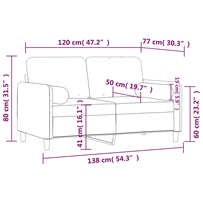 vidaXL 2 személyes világosszürke bársony kanapé díszpárnákkal 120 cm