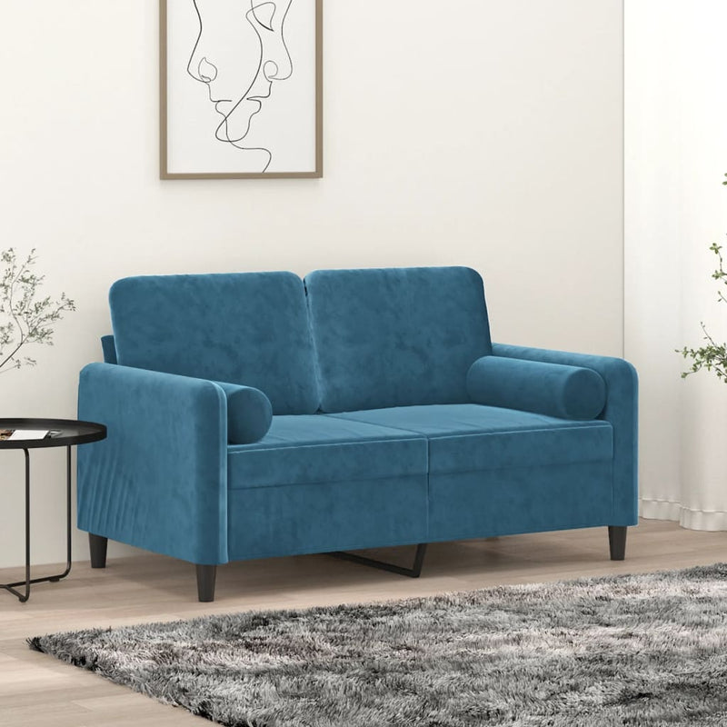 vidaXL 2 személyes kék bársony kanapé díszpárnákkal 120 cm