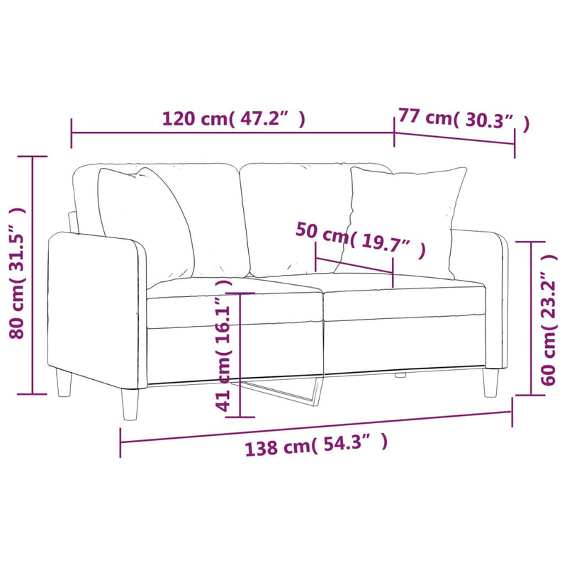 vidaXL 2 személyes világosszürke szövet kanapé díszpárnákkal 120 cm