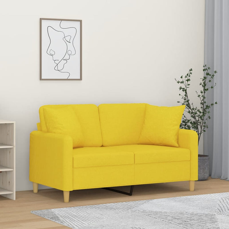 vidaXL 2 személyes világossárga szövet kanapé díszpárnákkal 120 cm