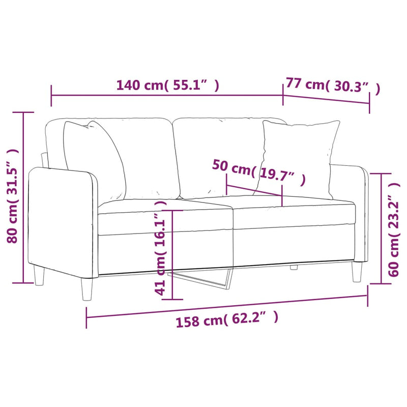 vidaXL 2 személyes fekete szövet kanapé díszpárnákkal 140 cm