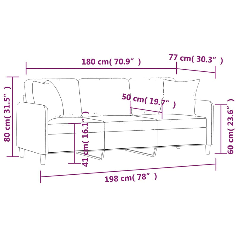 vidaXL 3 személyes világosszürke szövet kanapé díszpárnákkal 180 cm