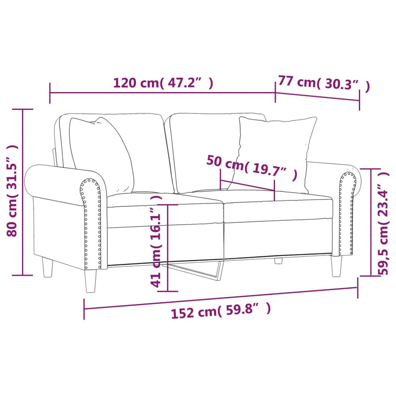 vidaXL 2 személyes cappuccino színű műbőr kanapé díszpárnákkal 120 cm