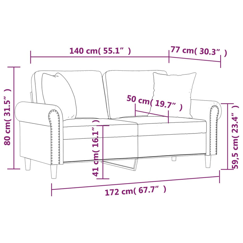 vidaXL 2 személyes világosszürke bársony kanapé díszpárnákkal 140 cm