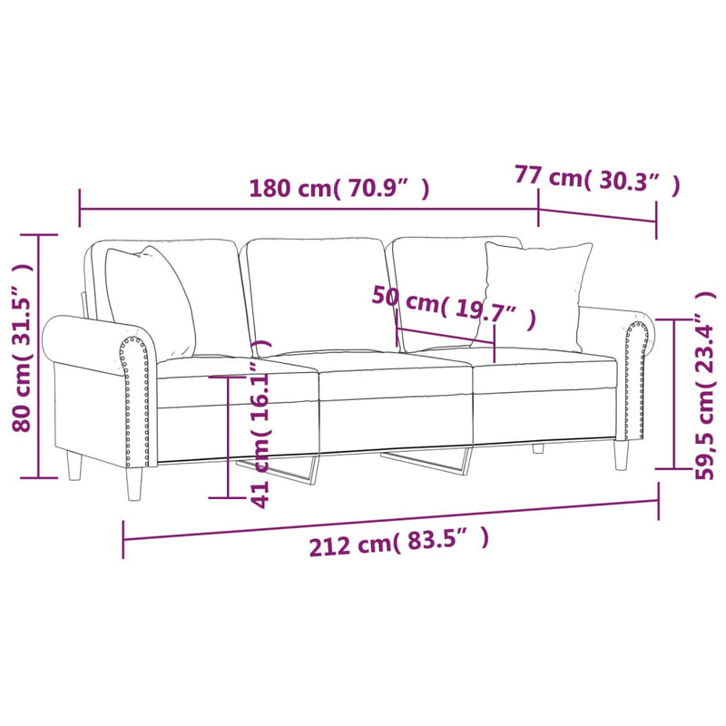 vidaXL 3 személyes világosszürke bársony kanapé díszpárnákkal 180 cm