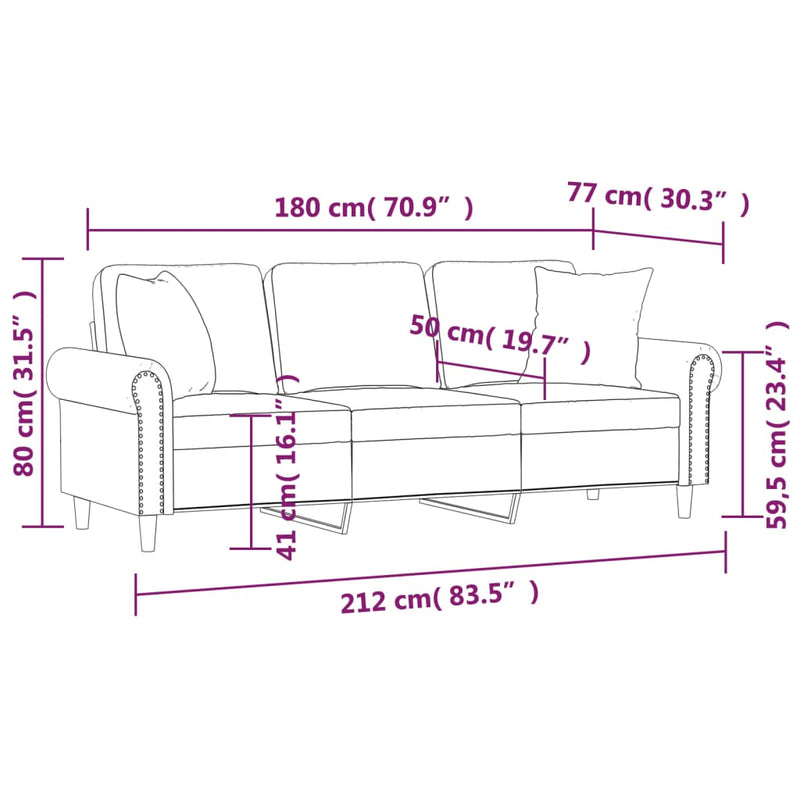 vidaXL 3 személyes sötétszürke bársony kanapé díszpárnákkal 180 cm