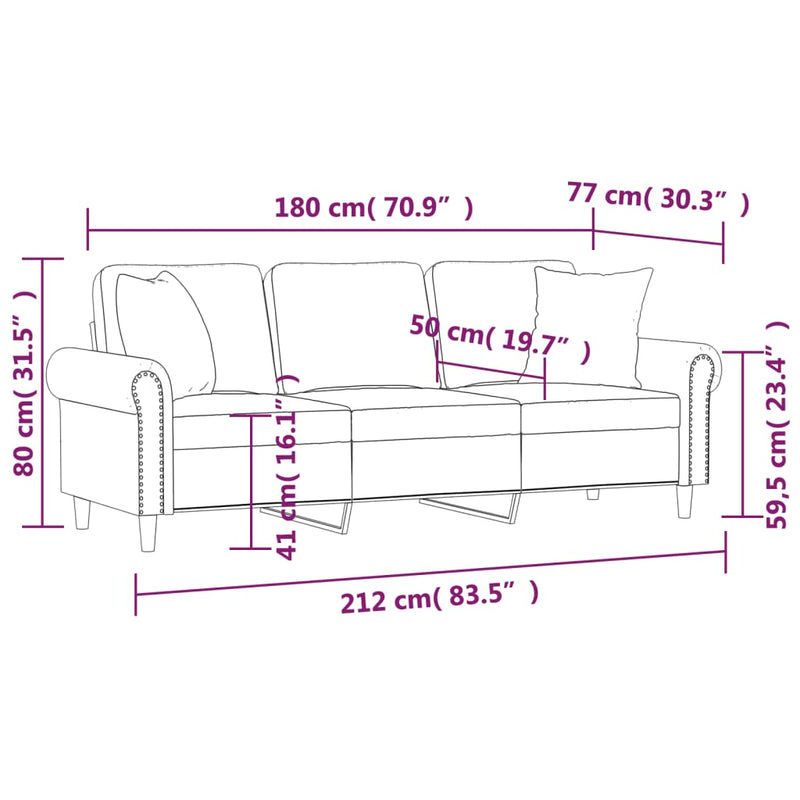 vidaXL 3 személyes rózsaszín bársony kanapé díszpárnákkal 180 cm