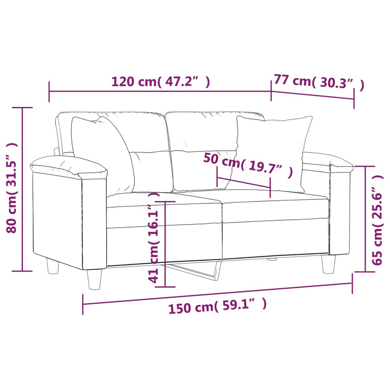 vidaXL 2 személyes világosszürke párnás mikroszálas szövetkanapé 120cm