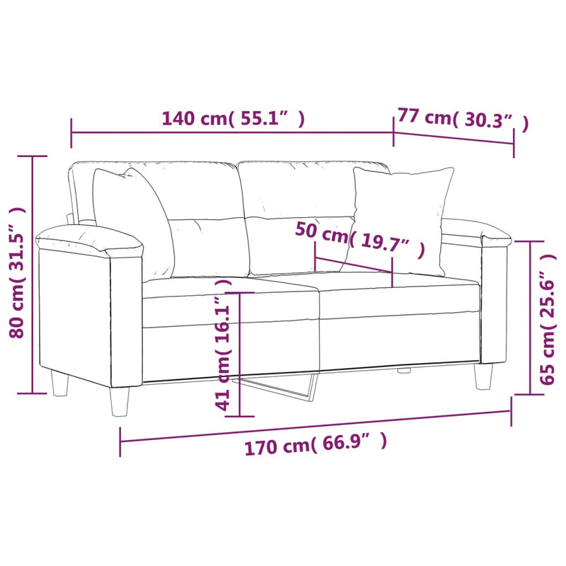 vidaXL 2 személyes tópszínű mikroszálas szövetkanapé párnákkal 140 cm