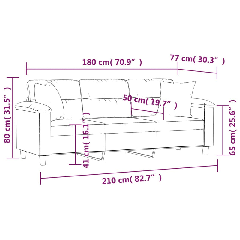 vidaXL 3 személyes tópszínű mikroszálas szövetkanapé párnákkal 180 cm