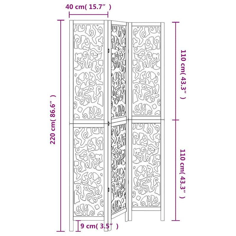 vidaXL 3 paneles fehér tömör császárfa térelválasztó