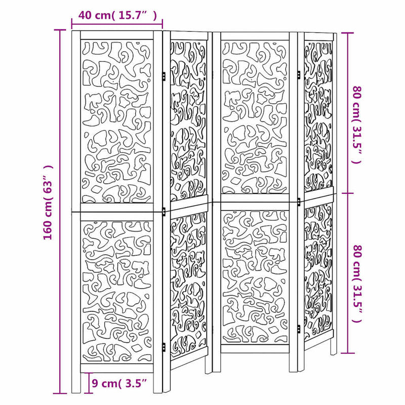 vidaXL 4 paneles fehér tömör császárfa térelválasztó